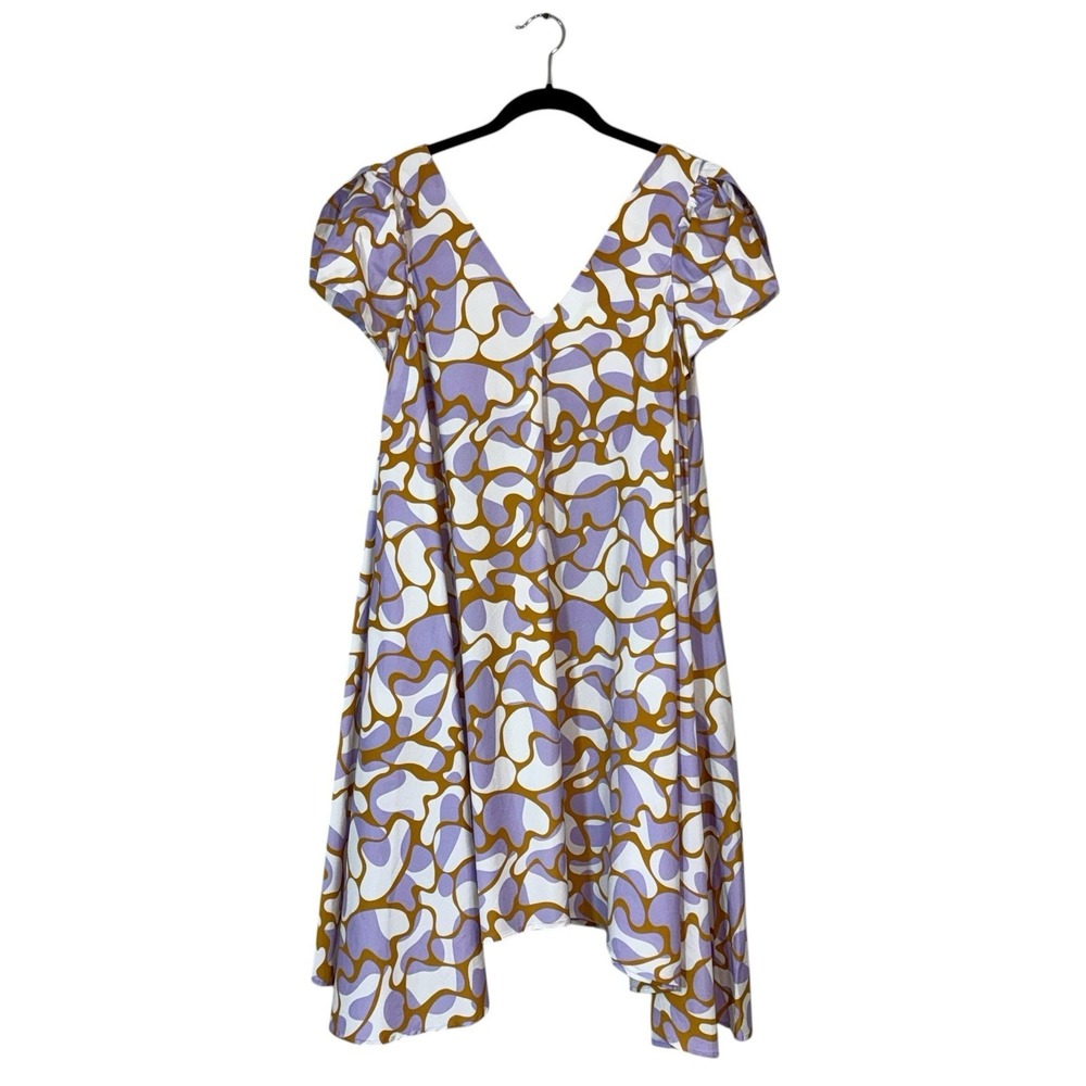 House of Raiment Dress‎ Puff Sleeve Cotton Purple Brown Abstract Print Brunch MD